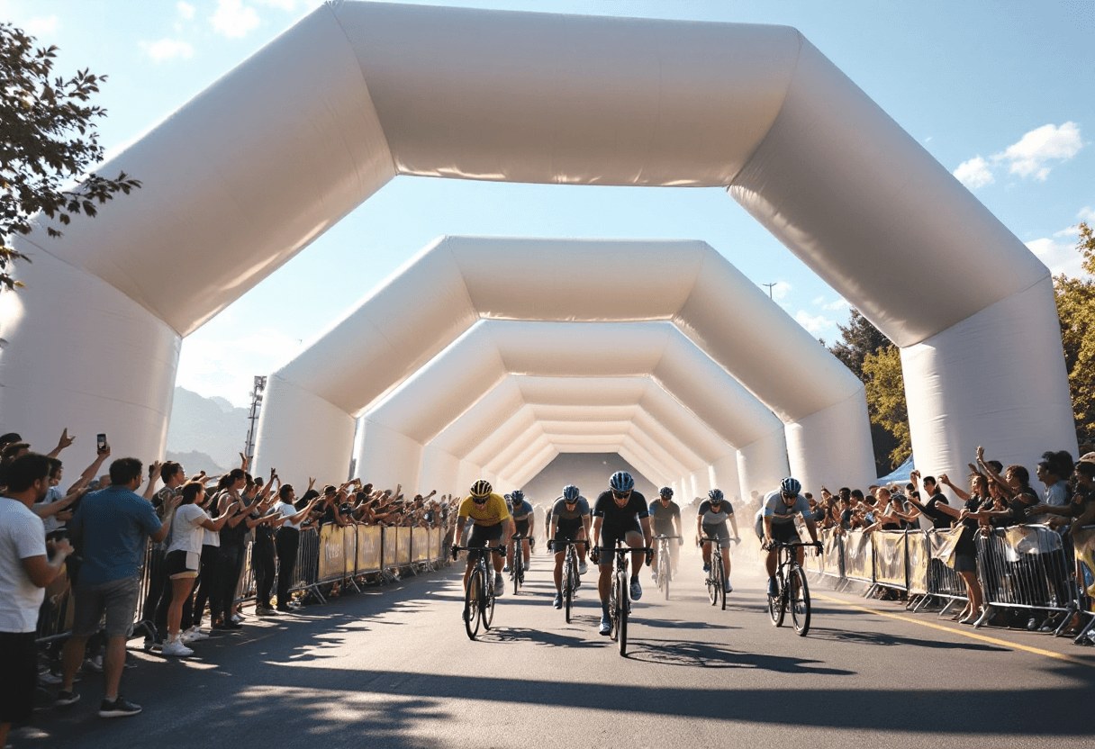 Arche gonflable blanche géante au-dessus de cyclistes applaudis par la foule